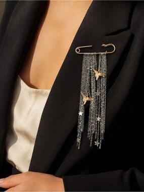 Gold and Silver Tone Bird Star Chain Tassel Safety Pin Brooch